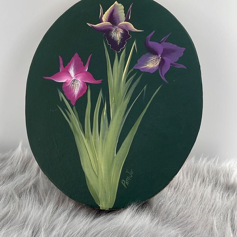 Artisan vintage hand painted Irises storage box by Patty Jo